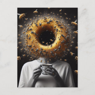 Surreal Tea Time Bees Honeycomb Black Hole Head Postkarte