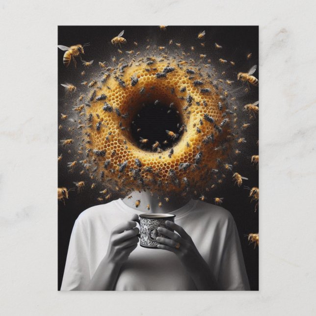 Surreal Tea Time Bees Honeycomb Black Hole Head Postkarte (Vorderseite)