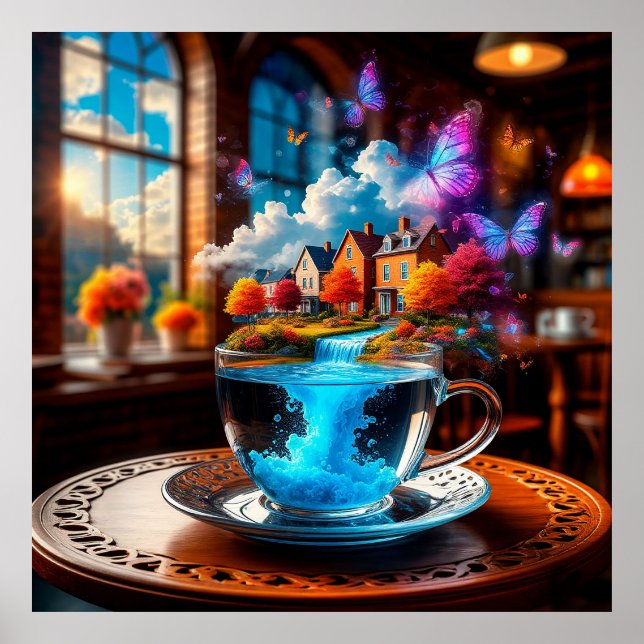 Surreal Teacup Szene mit farbigen Häusern Poster (Vorne)