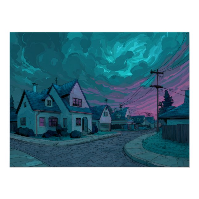 Surreal Teal Twilight Suburb Scene Poster (Vorderseite)