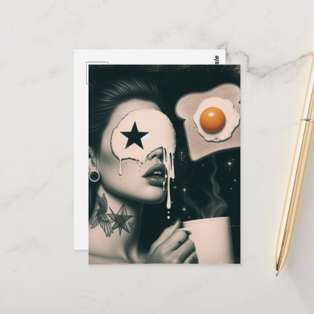 Surreal Toast, Eggs, and Coffee woman  Postkarte (Vorderseite/Rückseite Beispiel)