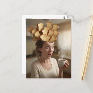 Surreal Toast Head Frühstück Frau mit Kaffee Postkarte