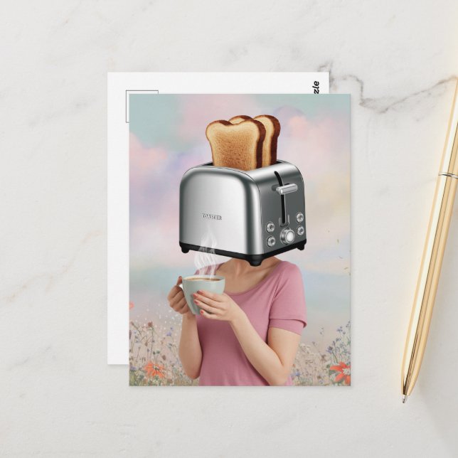 Surreal Toaster Head Frühstück Frau Holds Kaffee Postkarte (Vorderseite/Rückseite Beispiel)