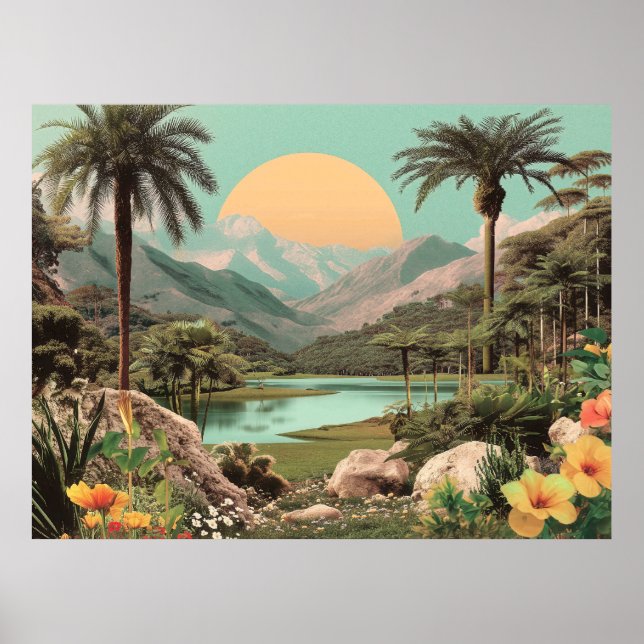 Surreal tropischer See mit Palmen Poster (Vorne)