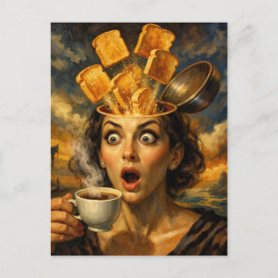 Surreal überraschte Frühstücks-Toast-Kaffee-Frau  Postkarte