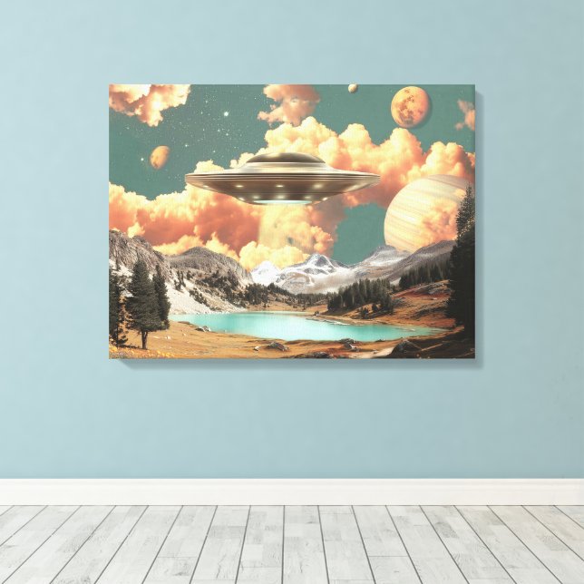 Surreal UFO Above Mountain Lake with Planets Leinwanddruck (Insitu (Holzboden))