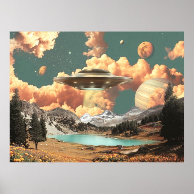 Surreal UFO Above Mountain Lake with Planets Poster (Vorne)