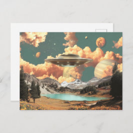 Surreal UFO Above Mountain Lake with Planets Postkarte