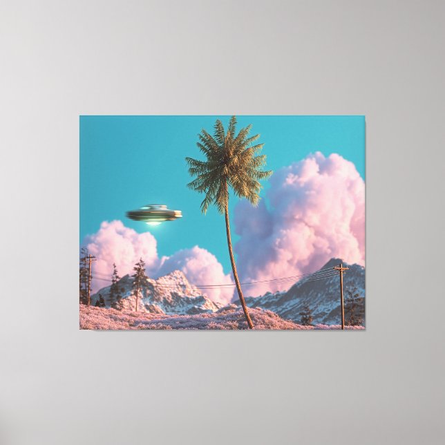 Surreal UFO and Palm Tree Mountain Scene Leinwanddruck (Vorderseite)