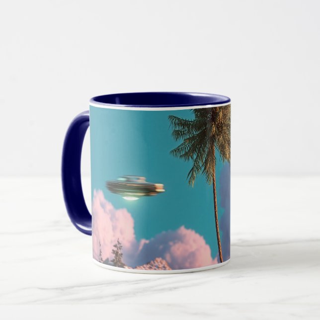 Surreal UFO and Palm Tree Mountain Scene Tasse (Vorderseite Links)