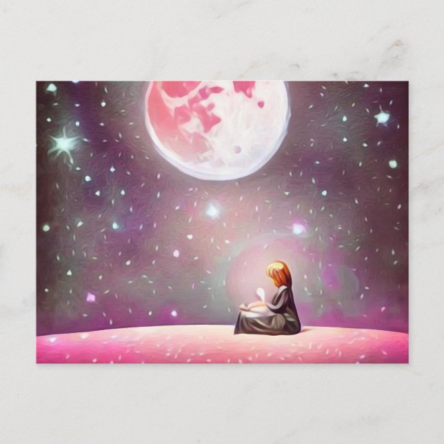 Surreal Vintag Girl & Full Pink Moon Postkarte (Vorderseite)