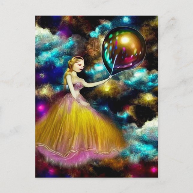 Surreal Vintag Golden Gown Balloon Girl Postkarte (Vorderseite)