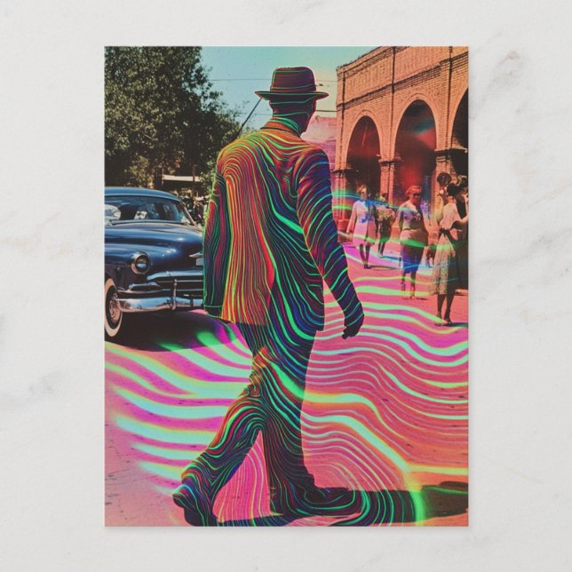 Surreal Vintage City Scene Man Walking Postkarte (Vorderseite)