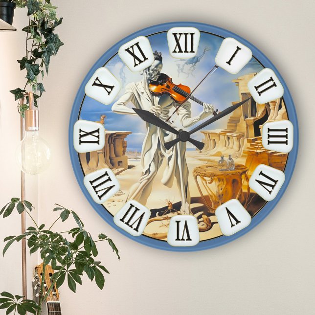 Surreal Violin Musik Kunst Runde Wanduhr (Wall clock featuring a fine art painting of a violinist in a surreal landscape - with roman numbers)