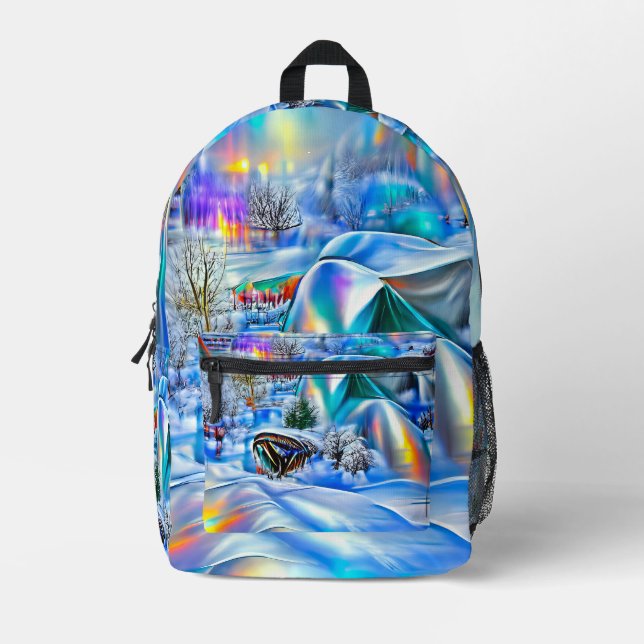 Surreal Winter Wonderland mit eisigen Lichtern Bedruckter Rucksack (Vorderseite)