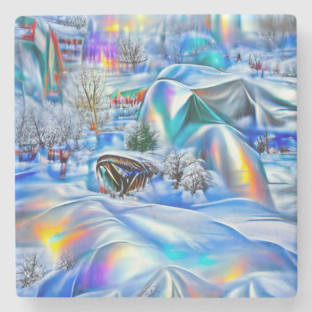 Surreal Winter Wonderland mit eisigen Lichtern Steinuntersetzer (Vorderseite)