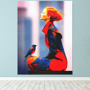 Surreale Frau und Vogel Elegante rote Haare Fantas Leinwanddruck