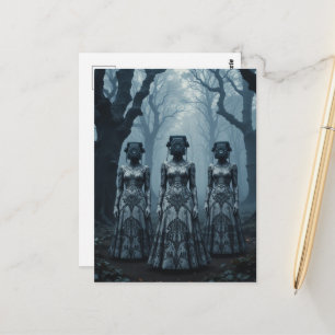 Surreale Frauen mit Vintage-Telefonköpfen im Wald Postkarte