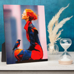 Surreale Frauen und Vogel Elegante Fantasie Rotes Fotoplatte