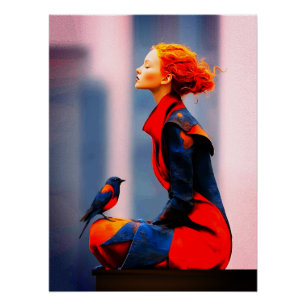 Surreale Frauen und Vogel Elegante Fantasie Rotes  Poster