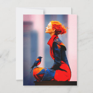 Surreale Frauen und Vogel Elegante Fantasie Rotes Postkarte