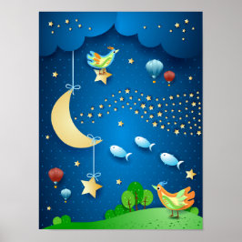 Surreale Nacht mit Mond und Sternenwelle Poster