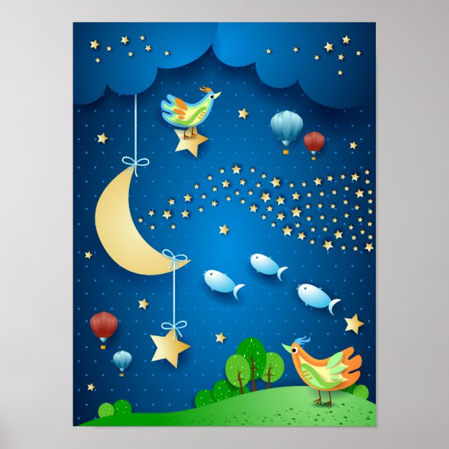 Surreale Nacht mit Mond und Sternenwelle Poster (Vorne)