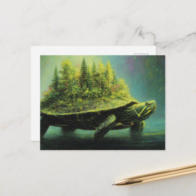 Surreale Schildkröte mit Wald auf Muschel Postkarte (Vorderseite/Rückseite Beispiel)