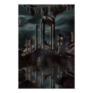 Surreale schwebende Ruinen Obsidianbecken Poster