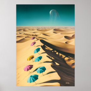 Surreale Traumlandschaft farbenfrohe Regenschirme Poster