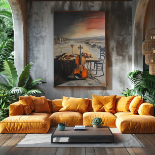 Surreale Violine und Sanduhr auf verlassener Tisch Poster