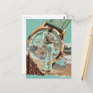 Surreale Zeit für Beach-Fashion-Lady-Collage Postkarte