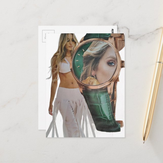 Surreale Zeit für Mode-Dame Collage Postkarte (Vorderseite/Rückseite Beispiel)