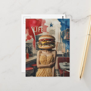 Surrealer abstrakter Mensch mit einem Cheeseburger Postkarte