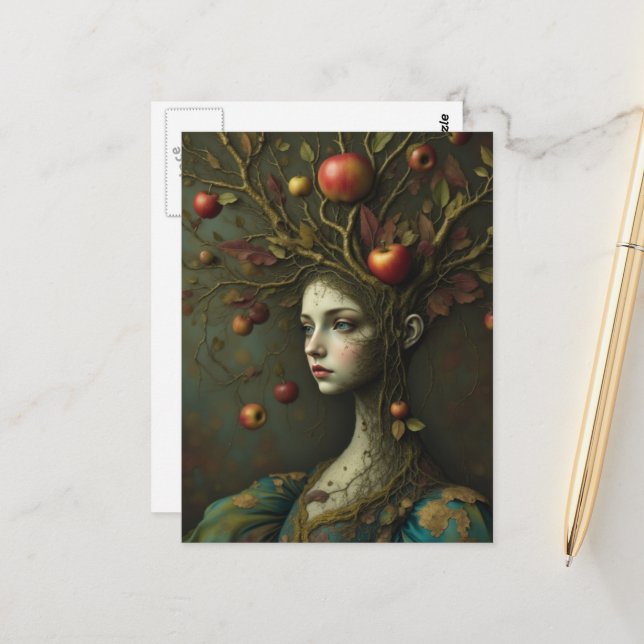 Surrealer Apfelbaum Frau Postkarte (Vorderseite/Rückseite Beispiel)