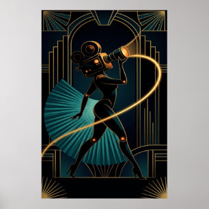 Surrealer Art Deco Kamerafrau Goldene Silhouette Poster