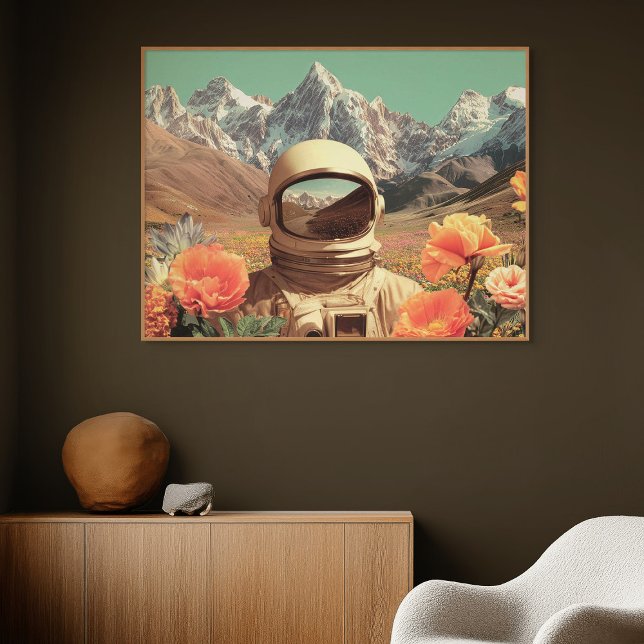 Surrealer Astronaut auf einem Blumenfeld Poster (Surreal Astronaut In Flower Field)