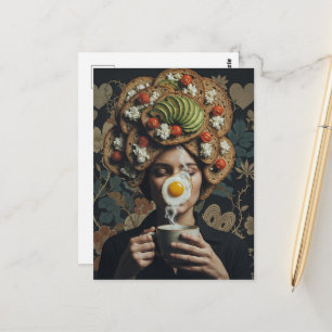 Surrealer Avocado-Toast-Tomate- und Kaffee-Frau Postkarte