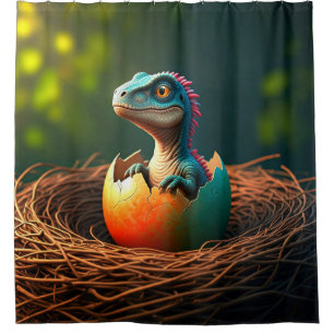 Surrealer Baby-Dinosaur schlüpft Duschvorhang