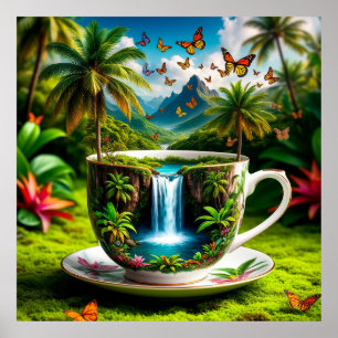 Surrealer Becher, der sich in einen tropischen Was Poster