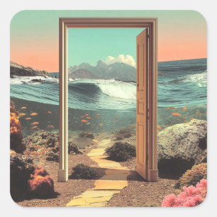 Surrealer Eingang zum Ozean mit Korallenriff Quadratischer Aufkleber