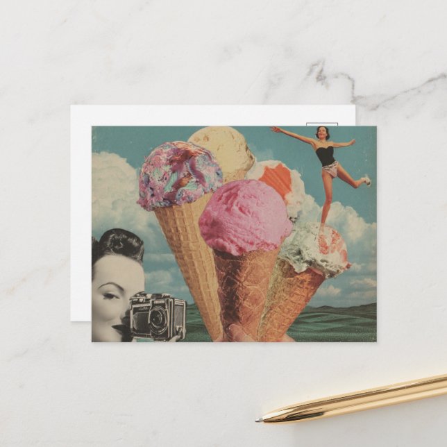 Surrealer Eiscreme-Schwimmcollage  Postkarte (Vorderseite/Rückseite Beispiel)