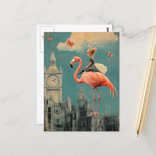 Surrealer Fantasie-Kind reitet auf einem rosa Flam Postkarte
