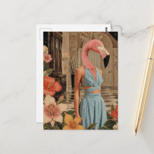 Surrealer Flamingo mit Blau in einem Raum mit Blum Postkarte