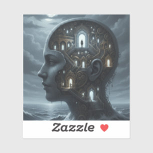 Surrealer Frauenkopf mit Räumen taucht aus dem Mee Aufkleber