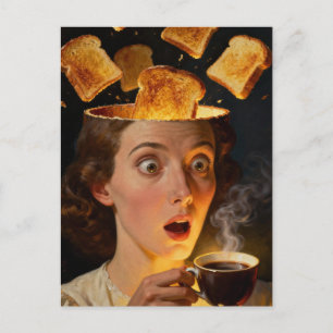 Surrealer Frühstückstoast und Kaffeefrau Postkarte