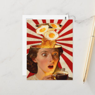 Surrealer Frühstückstoast und Kaffeefrau Rot Weiß Postkarte