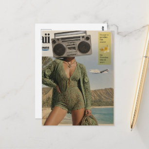 Surrealer Ghettoblaster Hawaii Frau Collage Postkarte