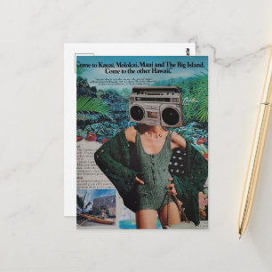Surrealer Ghettoblaster Hawaii Frau Collage Postkarte
