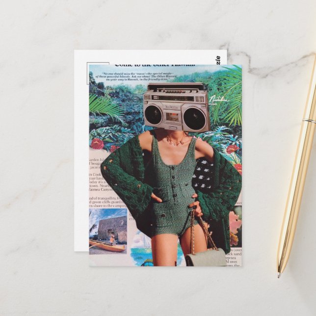 Surrealer Ghettoblaster Hawaii Frau Collage Postkarte (Vorderseite/Rückseite Beispiel)
